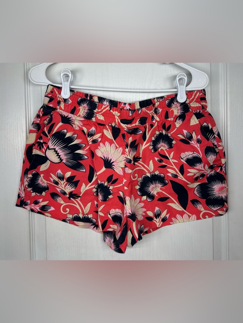 J Crew Coral Floral Print Linen Beach Shorts Size 6 Elastic Waist